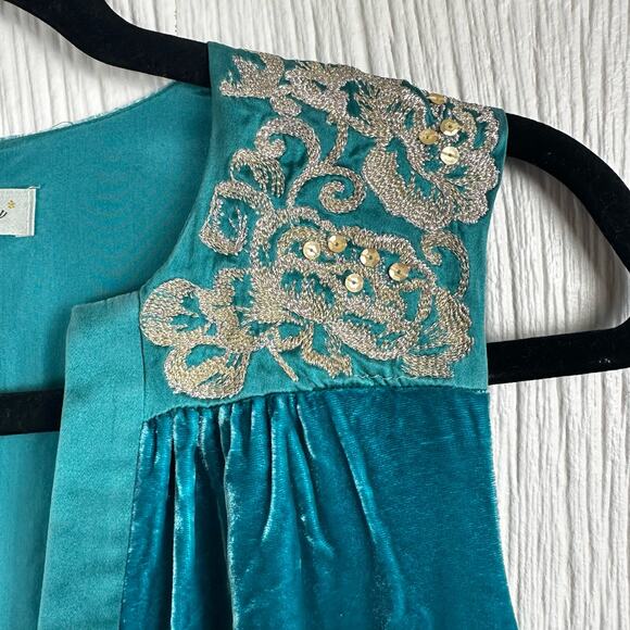 Beth Bowley Velvet Silk Embroidered Embellished Teal Silk Lined Mini Dress Sz 4 - Picture 4 of 7